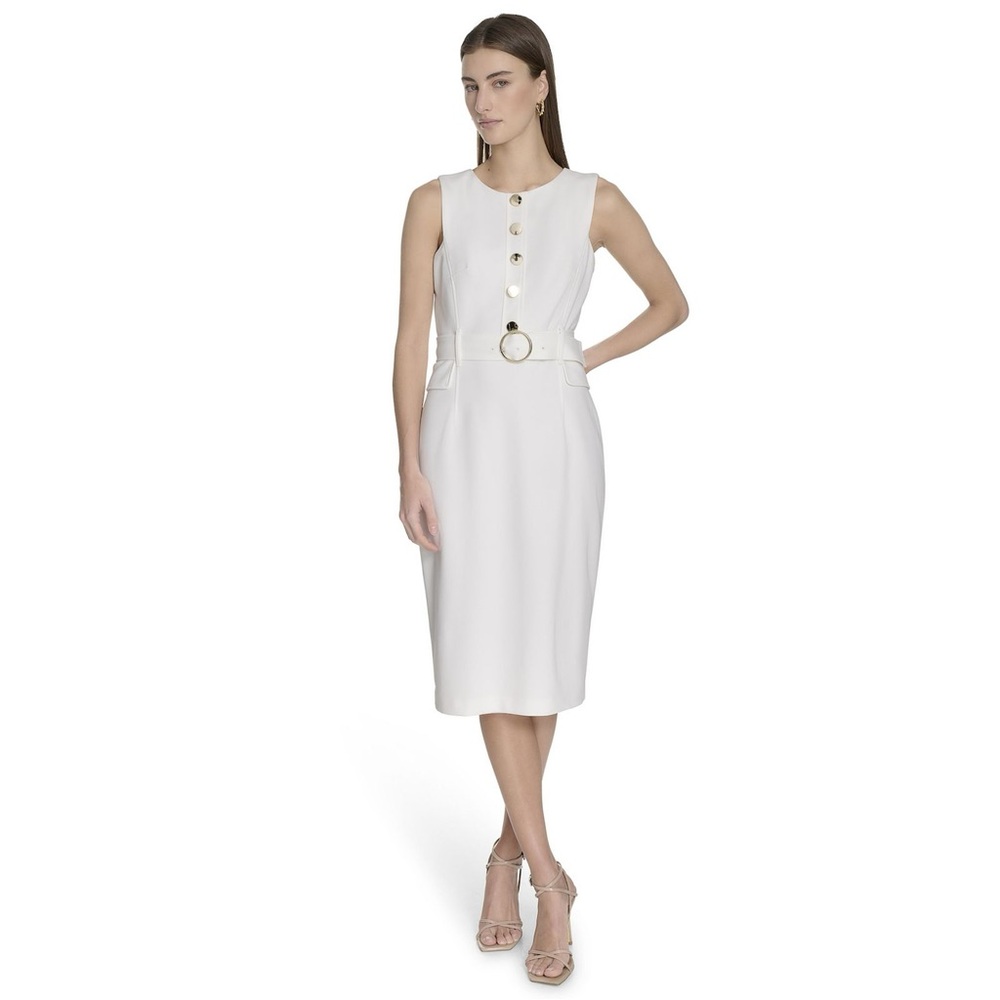 La Nouvelle Renaissance Women's Sleeveless Belted White Sheath Midi Dress NWT